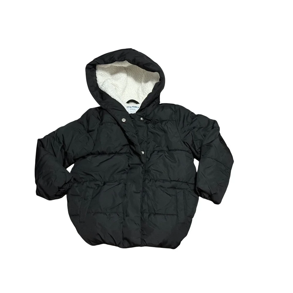 Old Navy Boys Black Sherpa Lined Puffer Jacket Water Resistant Hooded Size S 6-7